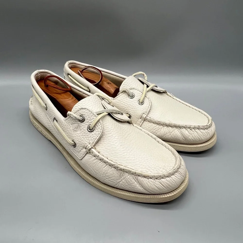 Sperry Shoes Mens 9 White Leather Top Sider A/O 2-Eye Boat Deck Loafers Nautical